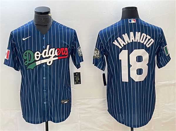 Men's Los Angeles Dodgers #18 Yoshinobu Yamamoto Navy Cool Base With Patch Stitched Baseball Jersey